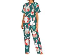 YGLHBDPBF Bunny Rabbits Print Women's Pajama Set Cute Printed Short Sleeve Top & Long Pants Sleepwear Pjs Sets Black