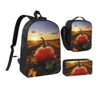 YGLHBDPBF Thanksgiving Day Punmpkin Print Backpack 3-piece set,17in,with Portable Lunch Bag Pen Case for Knapsack Daypack