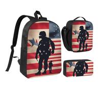 YGLHBDPBF US Military Soldiers Patriotic Memorial Day Print Backpack 3-piece set,17in,with Portable Lunch Bag Pen Case for Knapsack Daypack