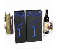 YGLONG Bottle Bag 12pcs Handheld Paper Bag Black Cardboard Gilded Grape Leaf Wine Pouch Single Double Bottle Beer Portable Nylon Rope Handle Sack(Blue,Single 9x9x35cm)