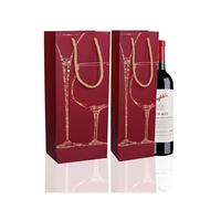 YGLONG Bottle Bag 12pcs Handheld Paper Bag Black Cardboard Gilded Grape Leaf Wine Pouch Single Double Bottle Beer Portable Nylon Rope Handle Sack(Wine red,Double 17x8x35cm)