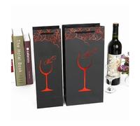 YGLONG Bottle Bag 12pcs Handheld Paper Bag Black Cardboard Gilded Grape Leaf Wine Pouch Single Double Bottle Beer Portable Nylon Rope Handle Sack(Red,Double 17x8x35cm)