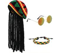 YgonziRuvc 3Pcs Rasta Hat with Dreadlocks Set, Dreadlock Wig (22x95cm), Adjustable Bracelet (17cm)& Glasses, Jamaican Fancy Dress Wigs, Bob Marley Costume Accessories for Parties & Theme Events