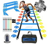 YGORTECH Speed Agility Training Set, Football Training Equipment, Agility Ladder, Resistance Parachute, 20 Disc Cones, Leg Resistance Bands, 4 Adjustable Hurdles, Jumping Rope & Carry Bag (blue)