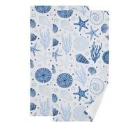 YGRDNAX 2 Pcs Blue Coastal Decorative Hand Towels for Bathroom,Soft Absorbent Summer Nautical Starfish Seashell Beach Dish Towels for Kitchen,Quick Dry Guest Bathroom Towels for Face,Shower 14"x28"