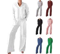 YGSIKY Women's Solid Color V-Neck Top & Pants Two-Piece Set,Sweatshirt Sets for Women,Women Casual Outfit Wide Leg Long Pants Suits,Fall Long Sleeve Knit Wide Leg Pants Lounge Set for Women (White,S)