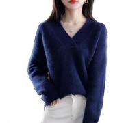 YGSIKY Womens V Neck Oversized Sweater, Long Sleeve V Neck Pullover Sweater Soft Warm Cozy Lightweight Wool Knit Jumpers Sweater,Knit Solid Color Oversized Pullover Sweater Jumper (Navy,L)
