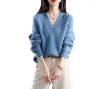 YGSIKY Womens V Neck Oversized Sweater, Long Sleeve V Neck Pullover Sweater Soft Warm Cozy Lightweight Wool Knit Jumpers Sweater,Knit Solid Color Oversized Pullover Sweater Jumper (Blue,XXL)
