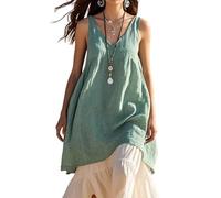 YGSIKY Women's V Neck Sleeveless Dress,Cotton Linen Dress A-line Sleeveless Flare Long Dresses,Casual Loose Fashion Sleeveless,Solid Color V-Neck Beach Dress (Green,M)