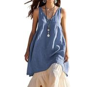 YGSIKY Women's V Neck Sleeveless Dress,Cotton Linen Dress A-line Sleeveless Flare Long Dresses,Casual Loose Fashion Sleeveless,Solid Color V-Neck Beach Dress (Blue,XXL)