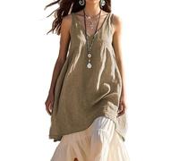 YGSIKY Women's V Neck Sleeveless Dress,Cotton Linen Dress A-line Sleeveless Flare Long Dresses,Casual Loose Fashion Sleeveless,Solid Color V-Neck Beach Dress (Khaki,3XL)