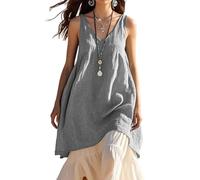 YGSIKY Women's V Neck Sleeveless Dress,Cotton Linen Dress A-line Sleeveless Flare Long Dresses,Casual Loose Fashion Sleeveless,Solid Color V-Neck Beach Dress (Grey,S)