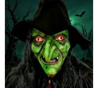 YGVQN Black Hair Latex Witch Mask with Hat, Halloween Scary Mask for Adults, Horror Cosplay Costume Accessories, Terrifying Parties and Haunted Houses - Green