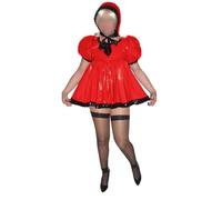 YGZHANYUANOKU Lolita Ruffles High Waist Maid Mini A Line Dress PVC Leather Party Hat Cosplay Uniform Outfits Customization,Red,3XL