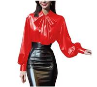 YGZHANYUANOKU Plus Size Women Blouse Glossy PVC Leather Long Sleeve Shirt Trims with Bowtie Front of Chest Revelry Party Wear Customizable ,Red,7XL