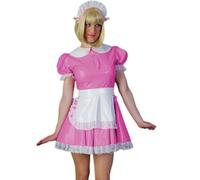 YGZHANYUANOKU PVC Peter Pan Collar Lace Trims Puff Sleeve Pleated Mini Dress Maid Cosplay Costume With Apron Set Customizable ,Pink,XXL