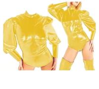 YGZHANYUANOKU Unisex Latex Rubber Lady Jumpsuit Set Lantern Sleeve Suits Halloween Customize,Yellow,7XL