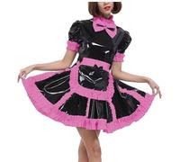 YGZHANYUANOKU Wetlook PVC Party Cosplay Maid Uniforms Sissy Lockable Servant Costume Female Ruffles A-line Pleated Maid Dress Outfits Customizable,Pink,4XL