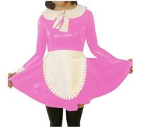 YGZHANYUANOKU Women Lolita Maid With Apron Cosplay Set Wet Look PVC Leather Long Sleeve Sissy Costume Customizable ,Red,L