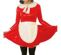 YGZHANYUANOKU Women Lolita Maid With Apron Cosplay Set Wet Look PVC Leather Long Sleeve Sissy Costume Customizable ,Red,XXL