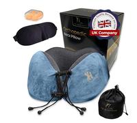 YH Bisdhup Travel Neck Pillow with 2-Belts Design Memory Foam neck Cushion, flight Pillow with Washable Covers, Airplane Pillow with Blindfold, Ear Sealant, and Small Storage Bag Pillow Blue