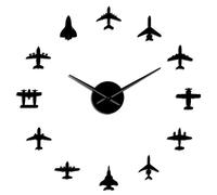 YH Flying Plane Fighter Jet Modern Large Wall Clock DIY Acrylic Mirror Effect Sticker Airplane Silent Wall Clock Aviator Home Decor(Black,47in)