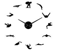 YH Swimming Theme Modern DIY Large Wall Clock With Swimmer Mirror Sticker Numbers Pool Wall Art Decorative Wall Watch Swimmer Gift(Black,47IN)