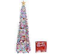 YHANEC 6ft Pop Up Christmas Tree, Slim Christmas Tree, Collapsible Artificial Pencil Xmas Tree with Stand, Sequin Skinny Xmas Tree, for Party Home Office Corner Decor (Colorful)