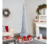 YHANEC 6ft Pop Up Christmas Tree, Slim Christmas Tree, Collapsible Artificial Pencil Xmas Tree with Stand, Sequin Skinny Xmas Tree, for Party Home Office Corner Decor(Silver)