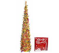 YHANEC 6ft Pop Up Christmas Tree, Slim Christmas Tree, Collapsible Artificial Pencil Xmas Tree with Stand, Sequin Skinny Xmas Tree, for Party Home Office Corner Decor (Gold)