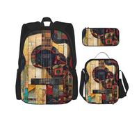 YHBLYKXP Art Guitar Pattern print Backpack 3 Piece Set (with Lunchbox and Pen Pouch) 3 Piece Combo Shoulder Bag, Black, Black, One Size