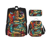 YHBLYKXP Art Guitar Pattern print Backpack 3 Piece Set (with Lunchbox and Pen Pouch) 3 Piece Combo Shoulder Bag, Black, One Size