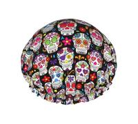 YHBLYKXP Colorful Flower Skulls print Adjustable double-layer shower cap, reusable women's spa salon shower cap