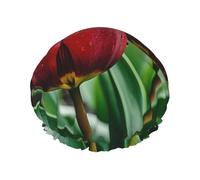 YHBLYKXP Red tulip print Adjustable double-layer shower cap, reusable women's spa salon shower cap