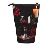 YHBLYKXP Red Wine Rose and Candle print Vertical retractable pencil case, Storage bag, fit for office travel and daily carrying