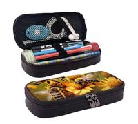 YHBLYKXP Rural Honey Bees flowers print Leather Flap Pencil Case,Toiletry Organizer,Zipper Coin Purse, Black