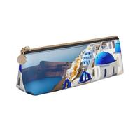YHBLYKXP Santorini Greek Island sea View print Triangle leather stationery storage bag, portable makeup bag, daily small item storage, White, One Size, Lightweight