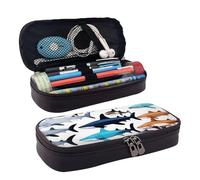 YHBLYKXP Sharks pattern print Leather Flap Pencil Case,Toiletry Organizer,Zipper Coin Purse, Black