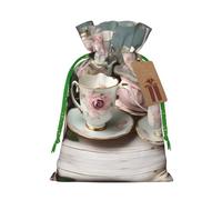 YHBLYKXP Tea Cups with Roses Romantic Drawstring Christmas bag, birthday Thanksgiving, anniversary and party present packaging