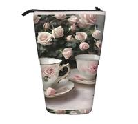 YHBLYKXP Tea Cups with Roses Romantic Shabby print Vertical retractable pencil case, Storage bag, fit for office travel and daily carrying