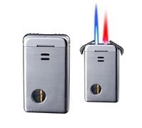 YHBNJIGW Red and blue metal adjustable jet flame lighter, dual flame lighter, visible draft proof air chamber lighter (butane gas not included)(Silver)