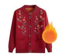 YHDMDQ Middle Aged and Elderly Knitted Cardigan Crew Neck Thick Fleece Lined Grandma Wear Embroidery Cardigan Mother Wear Warm Sweater Coat Jacket Spring Autumn Red M