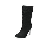 YhdtHSF 10CM/3.9IN Womens Denim Pointed Toe Stiletto Pleated Knee High Boots,Black,2.5 UK