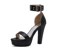 YhdtHSF 11.5CM Women's Platform Sandals Open Toe with Wide Ankle Strap & Adjustable Buckle, Block Heel Party Shoes,Black,9 UK