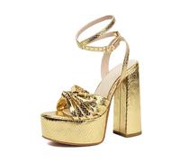YhdtHSF 14.5CM Women's Platform Sandals Knotted Open Toe Ankle Strap Chunky Heel Party Heels,Gold,6 UK