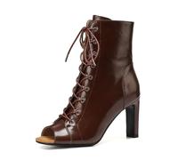 YhdtHSF 8.5CM Women's Peep Toe Latin Dance Ankle Boots Lace-Up Block Heel Salsa Ballroom Shoes,Brown,4 UK