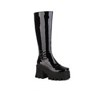 YhdtHSF 8CM Women's Patent Leather Knee-High Chunky Platform Lug Sole Pull-On Tall Fashion Boots,Black,8 UK