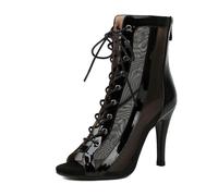 YhdtHSF 9.5CM Women's Peep Toe Latin Dance Booties, Net Yarn Lace-Up Ballroom Ankle Boots with Heels for Salsa Class,Black,5 UK