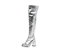 YhdtHSF Women Chunky Heel Square Over-The-Knee Boots Size Zipper,Silver,9 UK