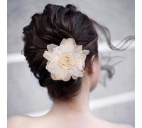 Yheahin Elegant Large Flower Hair Clip with Feather for Women Vintage Stain Tulle Rose Barrette with Beads 1920s Floral Headpiece Hair Accessories for Dance Tea Party (Tulle-Beige)